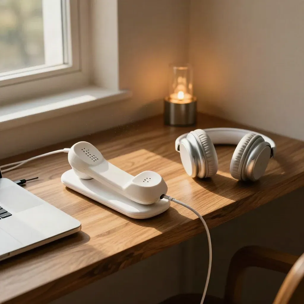 Trådlös telefon, stängd laptop och headset på en smal hylla i varmt eftermiddagsljus.