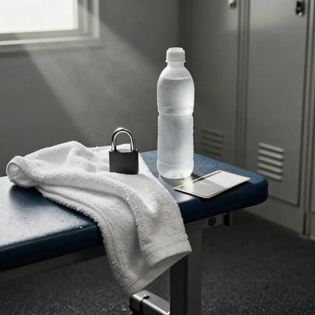 Gymbänk i omklädningsrum med handduk, vattenflaska, lås och kortfodral i ånga.