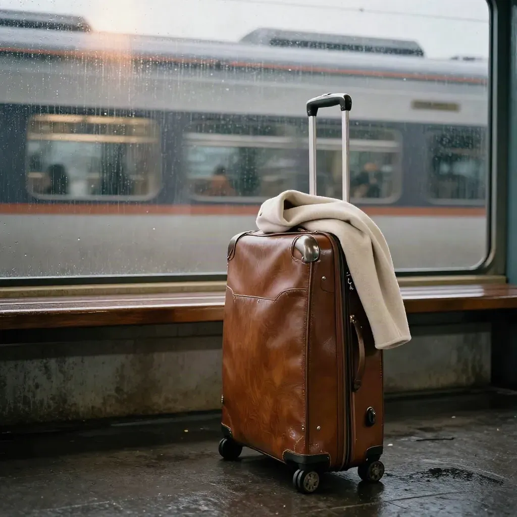 Resväska vid regnig stationsruta med hopvikt kappa och suddig tågrörelse.