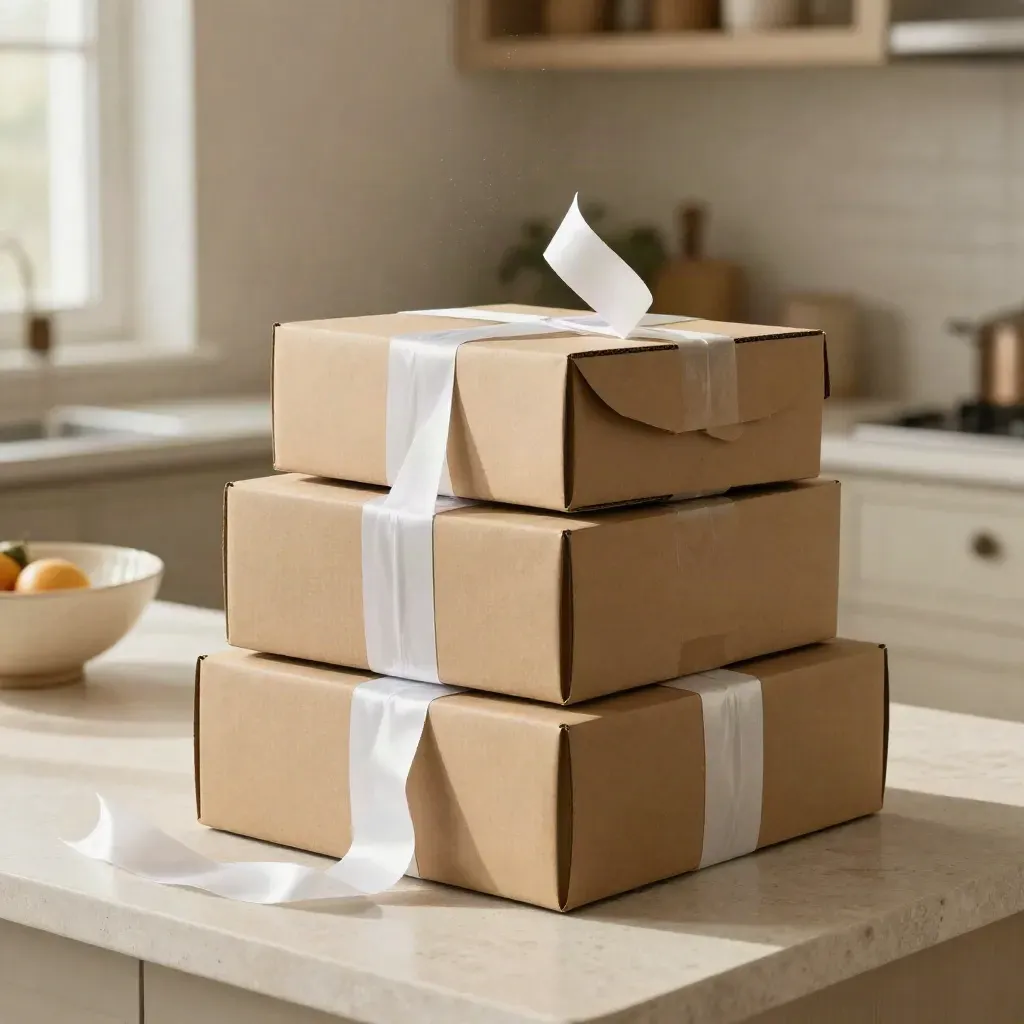 Kartonger med paketprenumerationer, tejp och vitt band på köksbänk i varmt ljus.