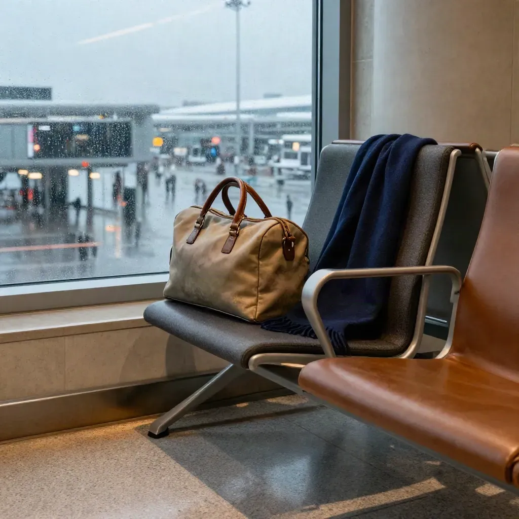 Tom flygplatsstol, resväska, scarf och regn på terminalfönster